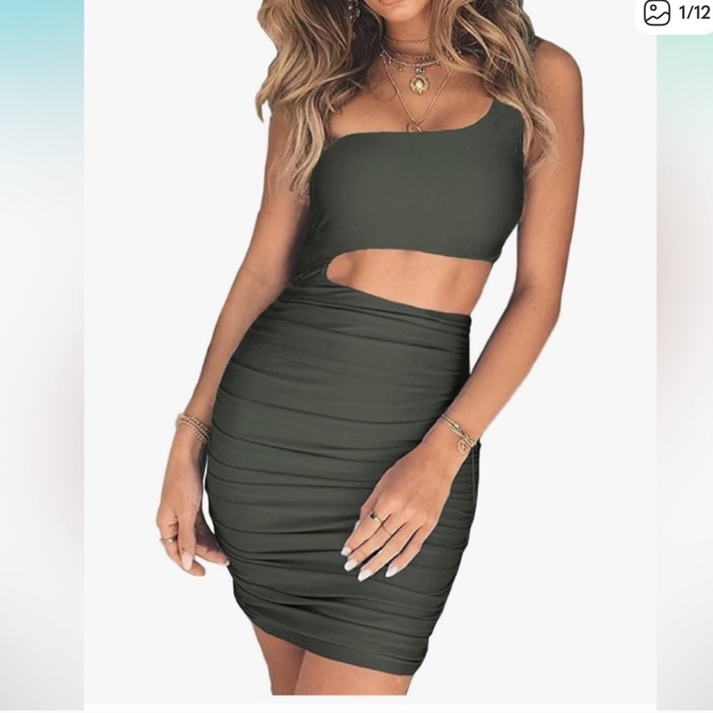 🖤 Olive Green One Shoulder Cutout Ruched Bodycon Mini Dress – Size Small